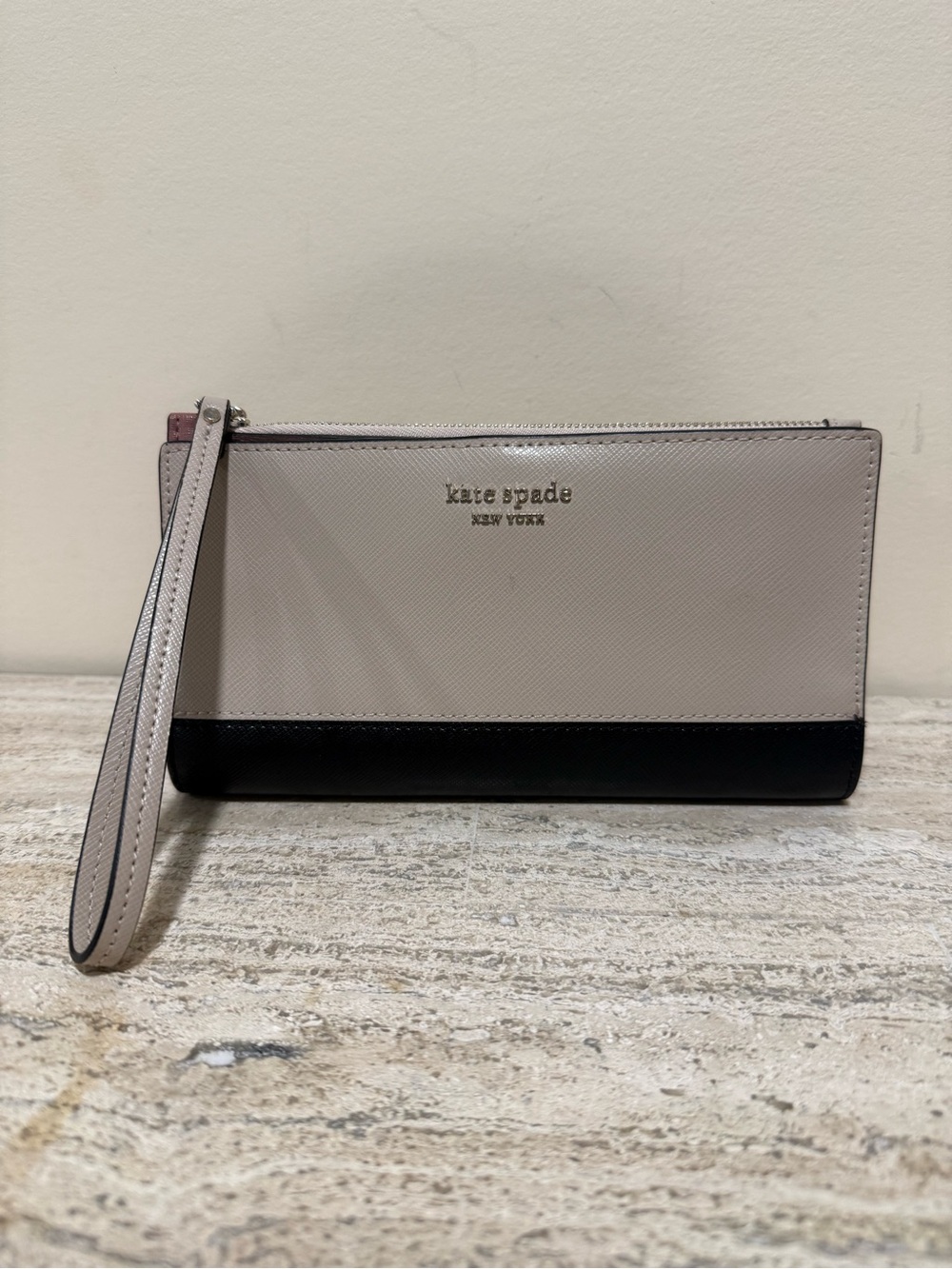 Kate Spade Spencer Continental Wristlet Saffiano Leather Wallet Beige and Black